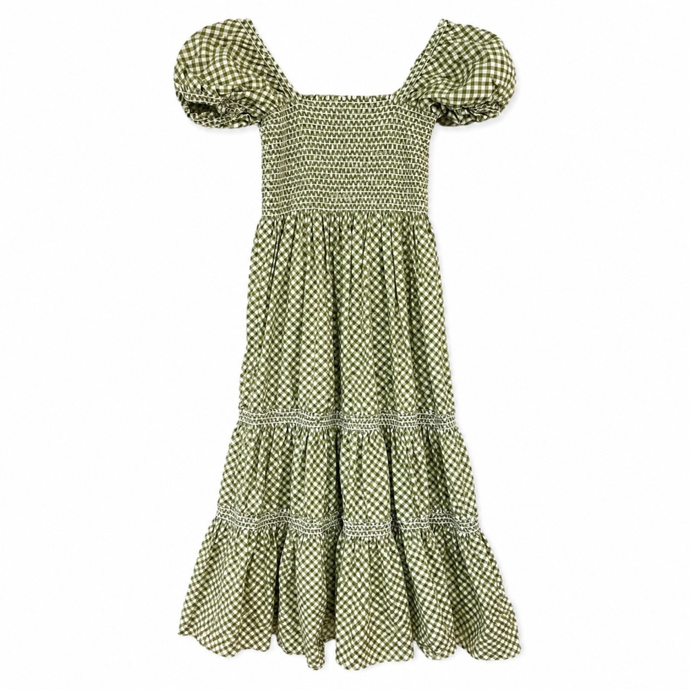 o.p.t Green Gingham Smocked Puff Sleeve Tiered Maxi Dress Cottagecore Size S